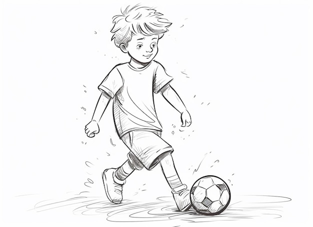 Photo a drawing of a boy kicking a soccer ball on a field generative ai