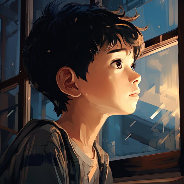 a drawing of a boy looking out a window with the word  i love you  on it