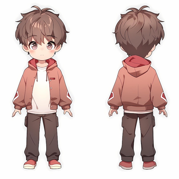 a drawing of a boy in a red jacket and pants.