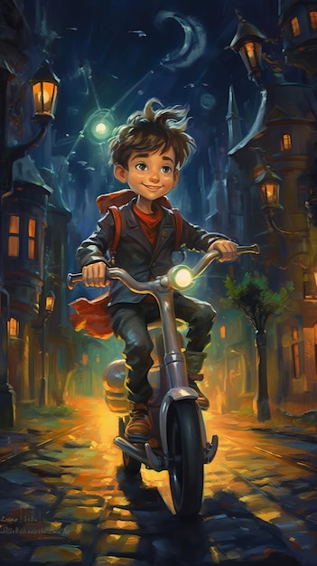 Drawing boy on scooter cartoon style Generative AI