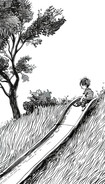 a drawing of a boy sitting in a field with a stick in his hand