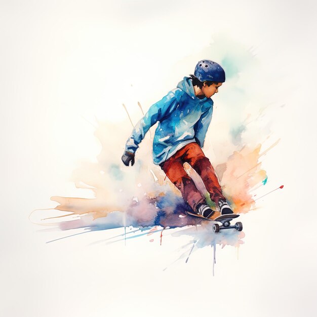 a drawing of a boy on a skateboard with a blue jacket on