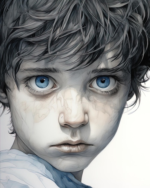 a drawing of a boy with blue eyes and a white shirt that says " the word "