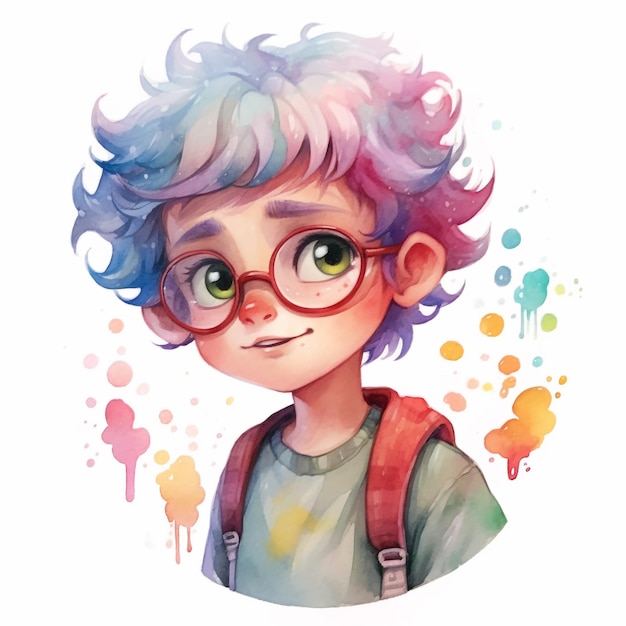 A drawing of a boy with colorful hair and glasses that say " the word " on it "