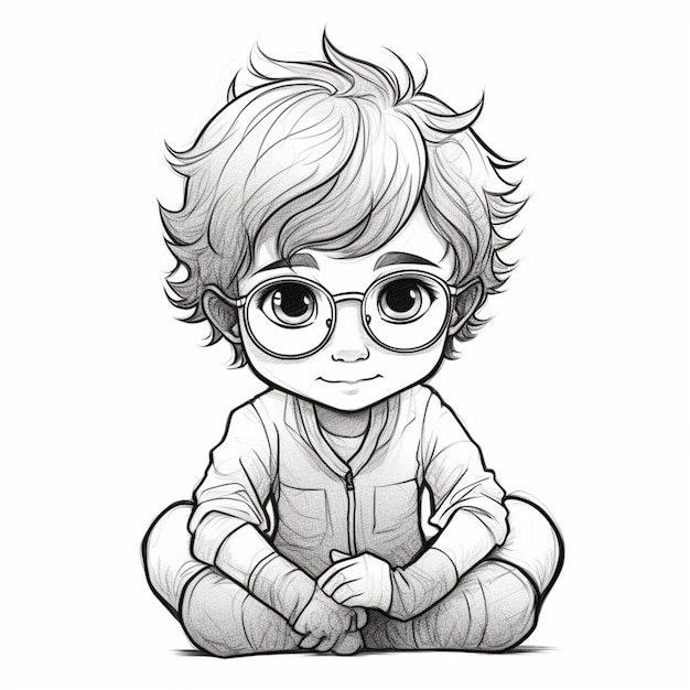 a drawing of a boy with glasses sitting on the ground generative ai