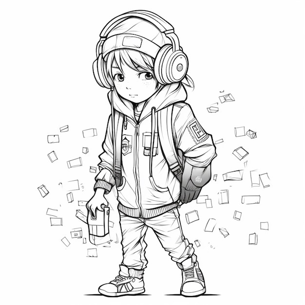 a drawing of a boy with headphones and a backpack generative ai