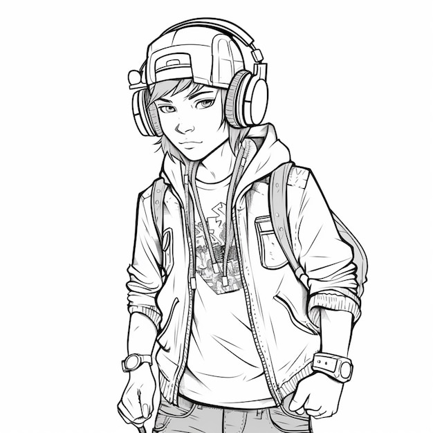 Photo a drawing of a boy with headphones and a jacket generative ai