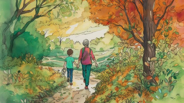 A drawing of a boy and a woman walking in a park.