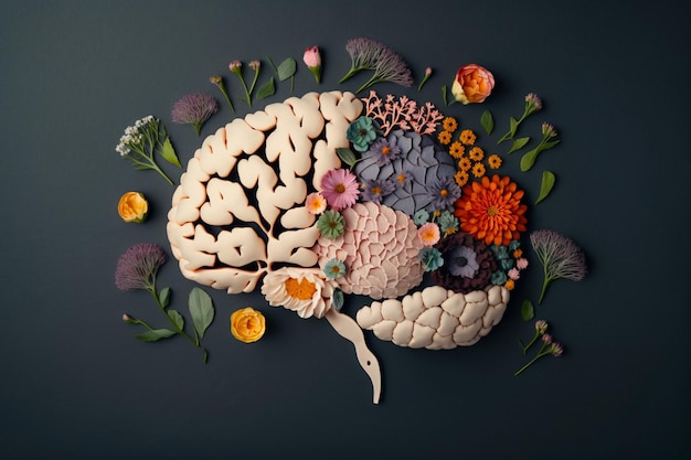 a drawing of a brain with flowers and leaves on it