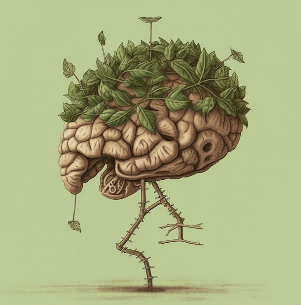 Photo a drawing of a brain with leaves on it