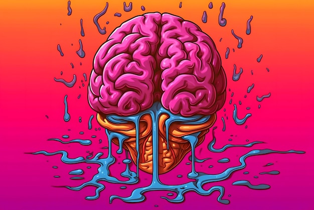 A drawing of a brain with a purple substance on it.