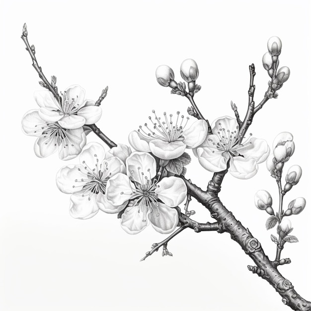 Photo a drawing of a branch of a cherry tree with flowers generative ai