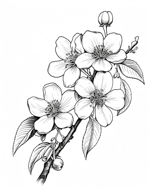 Photo a drawing of a branch of a cherry tree with flowers generative ai