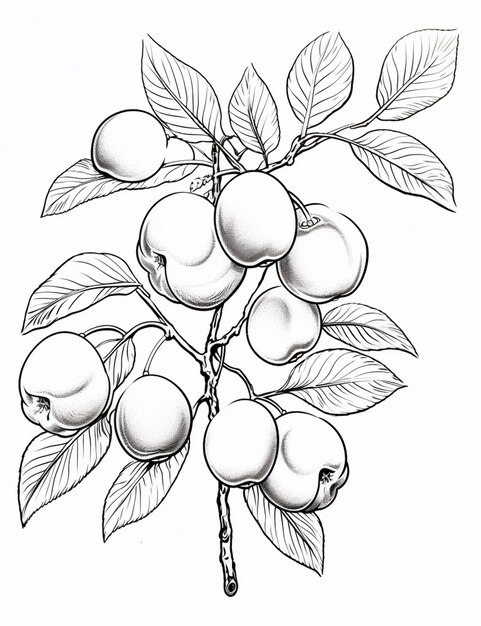 a drawing of a branch of a tree with fruit on it generative ai