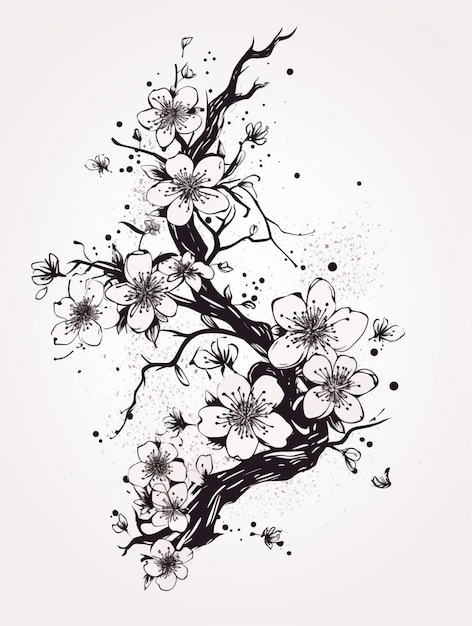 a drawing of a branch with flowers on it generative ai