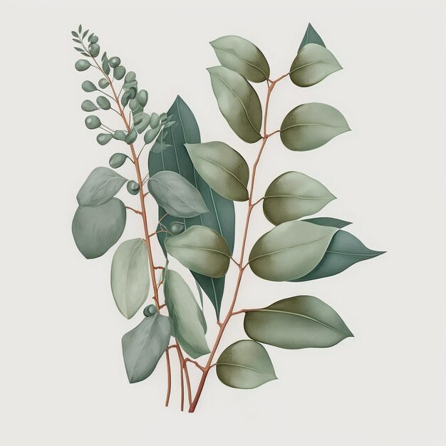 A drawing of a branch with green leaves and a branch of a plant.