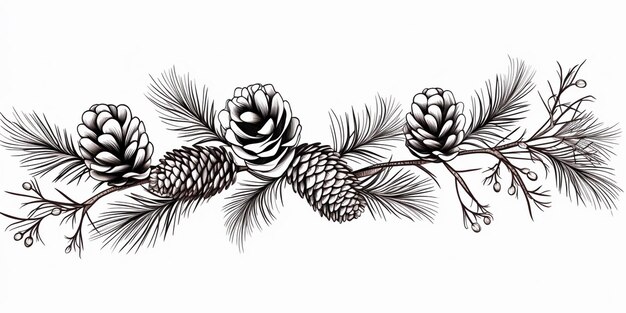 a drawing of a branch with pine cones and berries generative ai