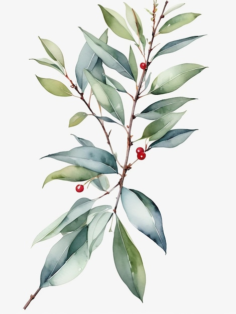 a drawing of a branch with red berries and green leaves