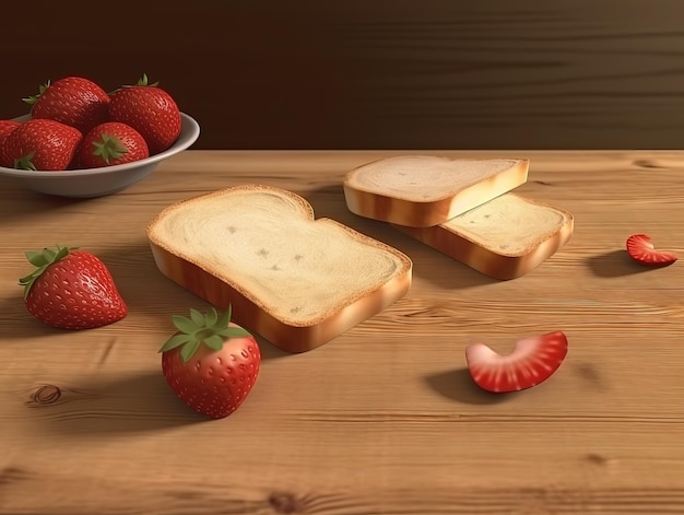 A drawing of bread and strawberries on a wooden table