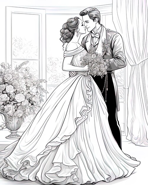 a drawing of a bride and groom in front of a window with flowers