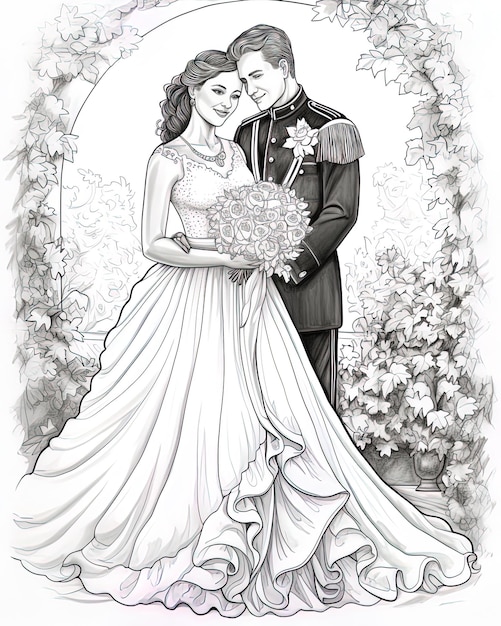 a drawing of a bride and groom in a wedding dress