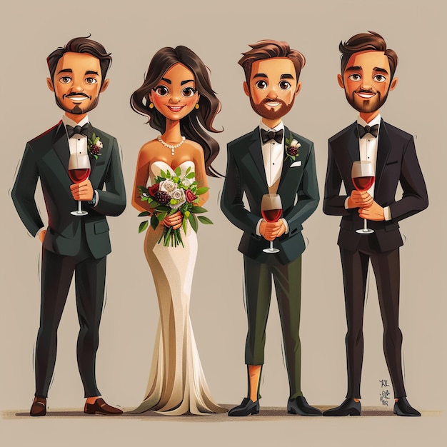 Photo a drawing of a bride and groom with a wine glass in the middle