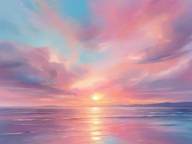 Drawing of bright sea sunset sunrise Sky in the pink and blue colors effect of light pastel color