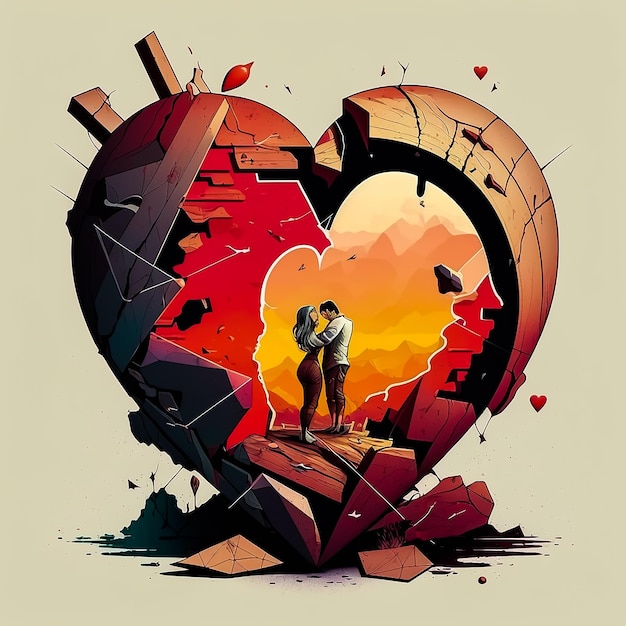 Рисунок разбитого сердца с обнимающимися мужчиной и женщиной.