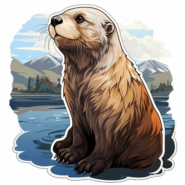 a drawing of a brown bear in the water with mountains in the background.