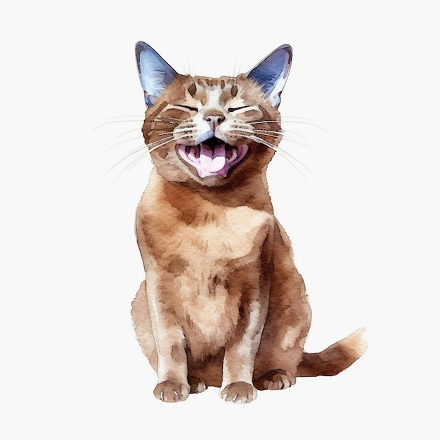 A drawing of a brown cat with blue eyes sits on a white background.