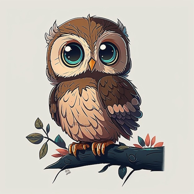 A drawing of a brown owl with big eyes sits on a branch.