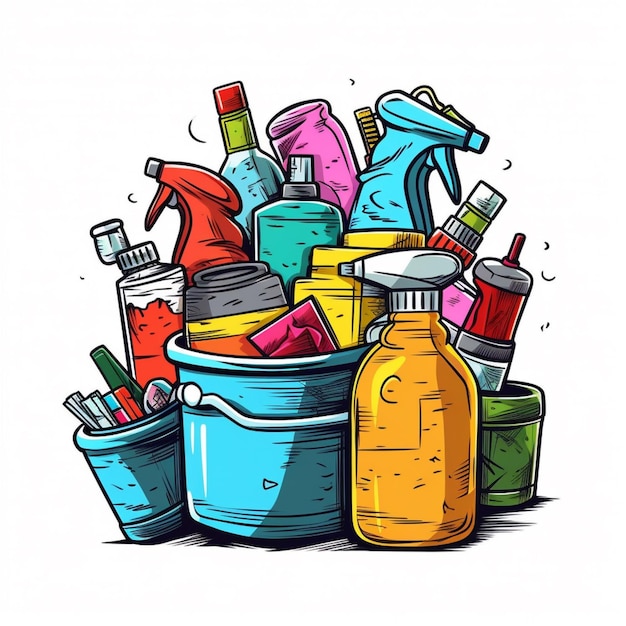 A drawing of a bucket of cleaning products