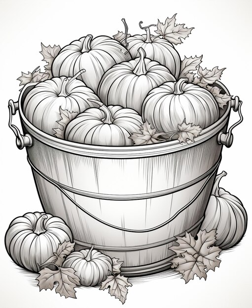 Photo a drawing of a bucket full of pumpkins with leaves generative ai