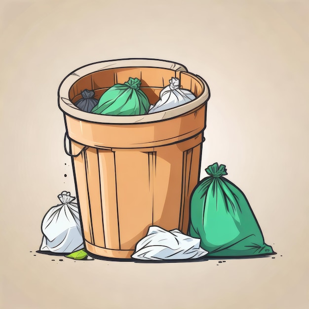 a drawing of a bucket with bags of trash and bags