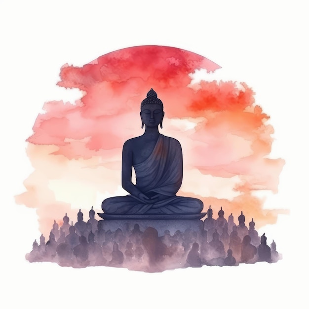 a drawing of a buddha sitting in front of a sunset