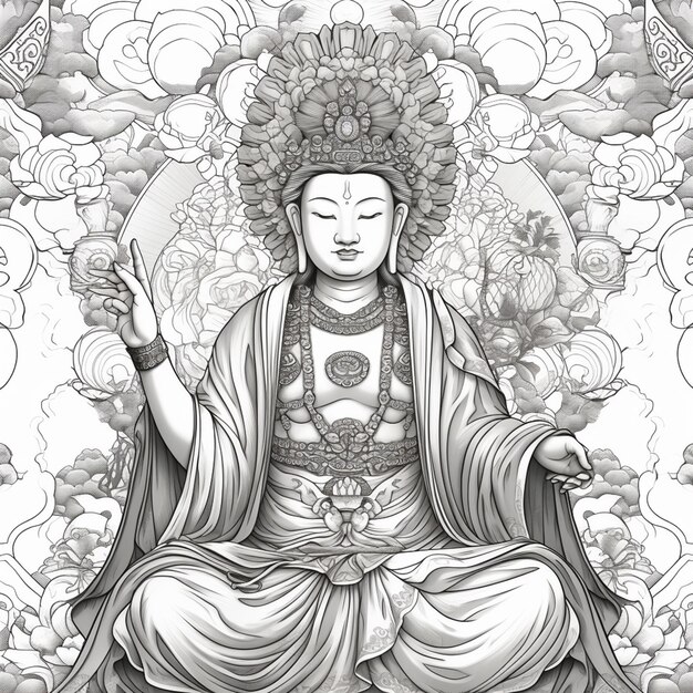蓮の姿勢で座っている仏像の絵