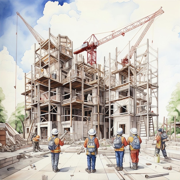 A drawing of a building under construction with a crane in the background.