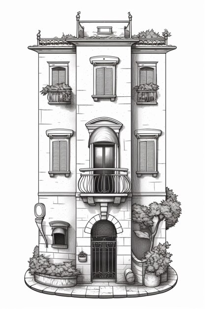 A drawing of a building with a balcony and a balcony generative ai