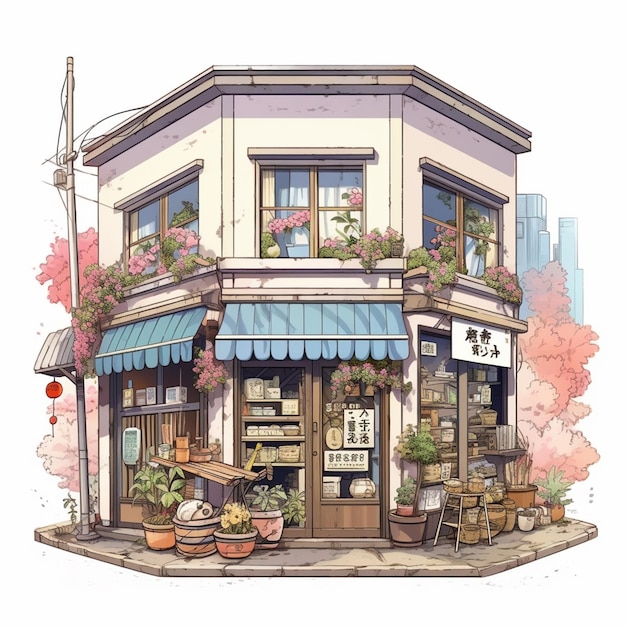 A drawing of a building with a blue awning that says " sushi " on it.