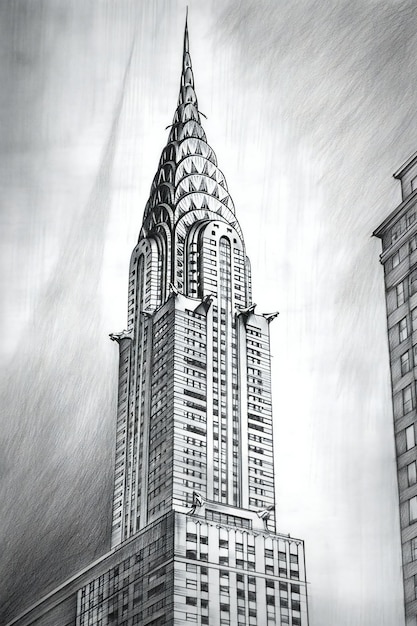 Photo a drawing of a building with the chrysler building on the left.