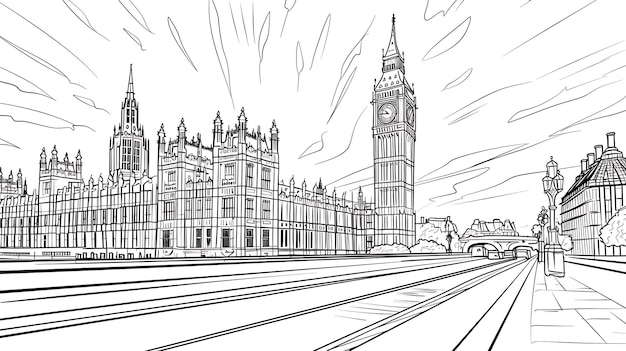 a drawing of a building with a clock tower in the background