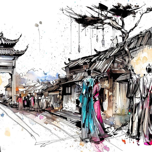 Photo a drawing of a building with a drawing of a woman in a dress