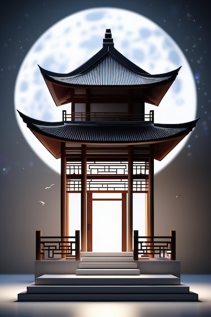 a drawing of a building with a full moon behind it