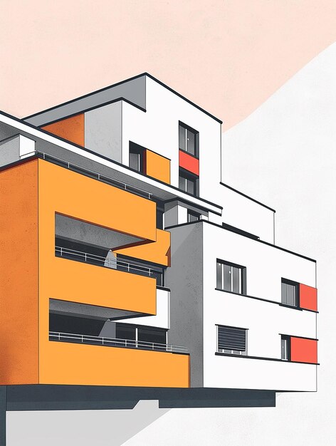 a drawing of a building with orange and white accents