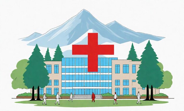 Photo a drawing of a building with a red cross on it