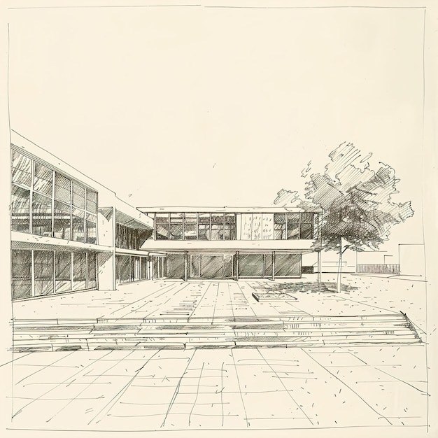 Photo a drawing of a building with a tree on the top