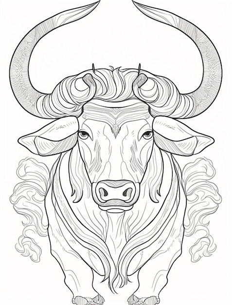 a drawing of a bull with horns and a long horn generative ai