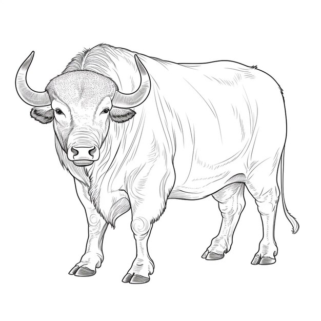 Рисунок быка с большими рогами, стоящего в поле.