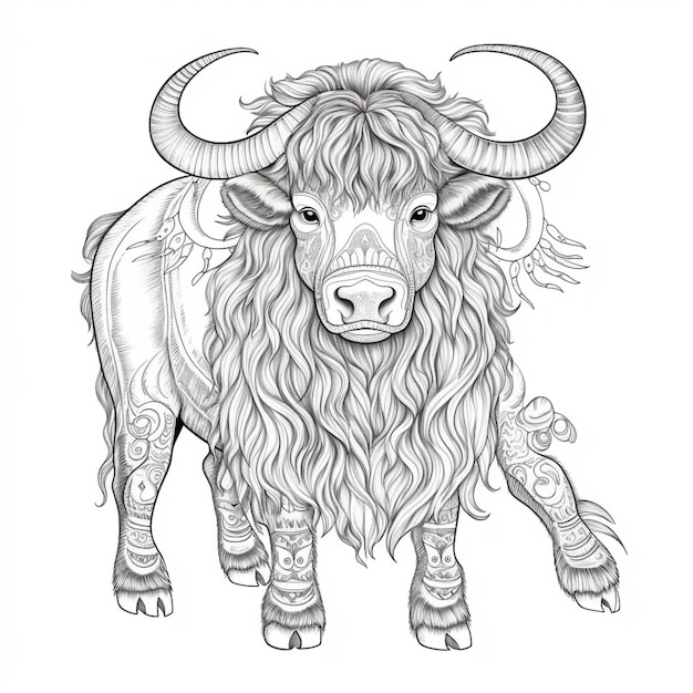 a drawing of a bull with long hair and a large horn generative ai