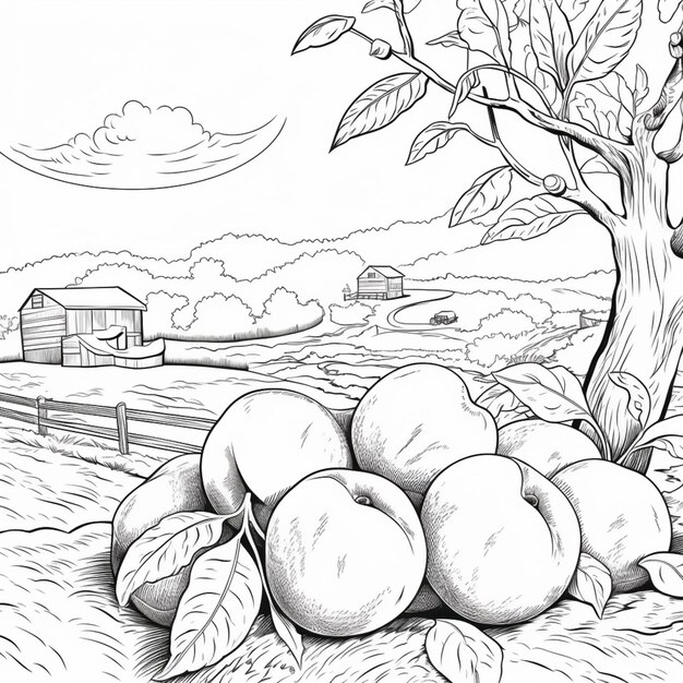 Photo a drawing of a bunch of apples sitting on top of a field generative ai